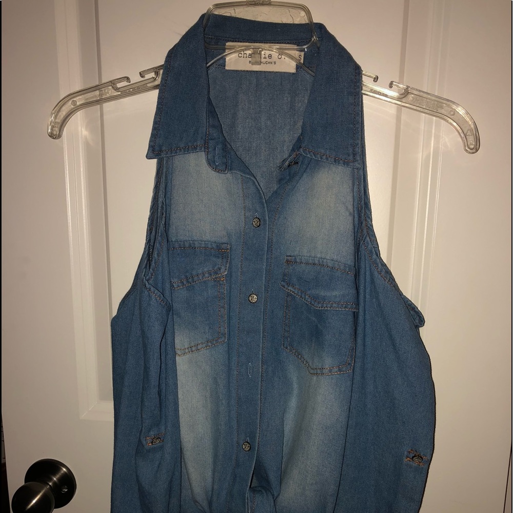 Denim Tie-Front Shoulder Cut-Out Top